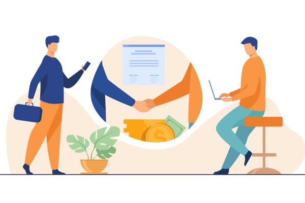 Business partners handshake. Business people shaking hands with each other over stack of money, closing deal. Vector illustration for startup, partnership, trust, investment, finance concept